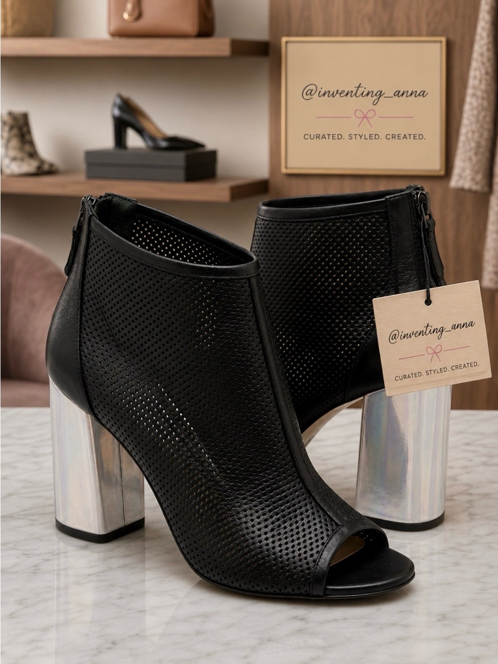 FRATELLI RUSSO Black Cruelty Free Peep-Toe Ankle Booties w/Marbled Heels